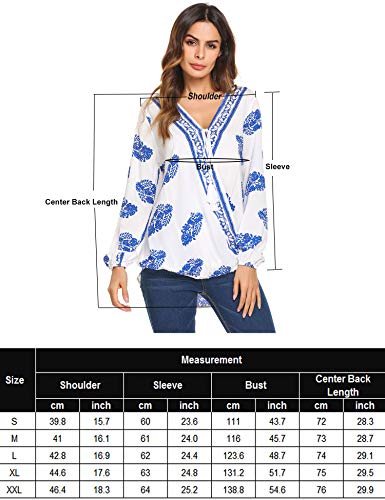 SoTeer Women Long Sleeve Shirt V Neck Boho Tops Floral Shirt Blouses Loose Tunic Tops White