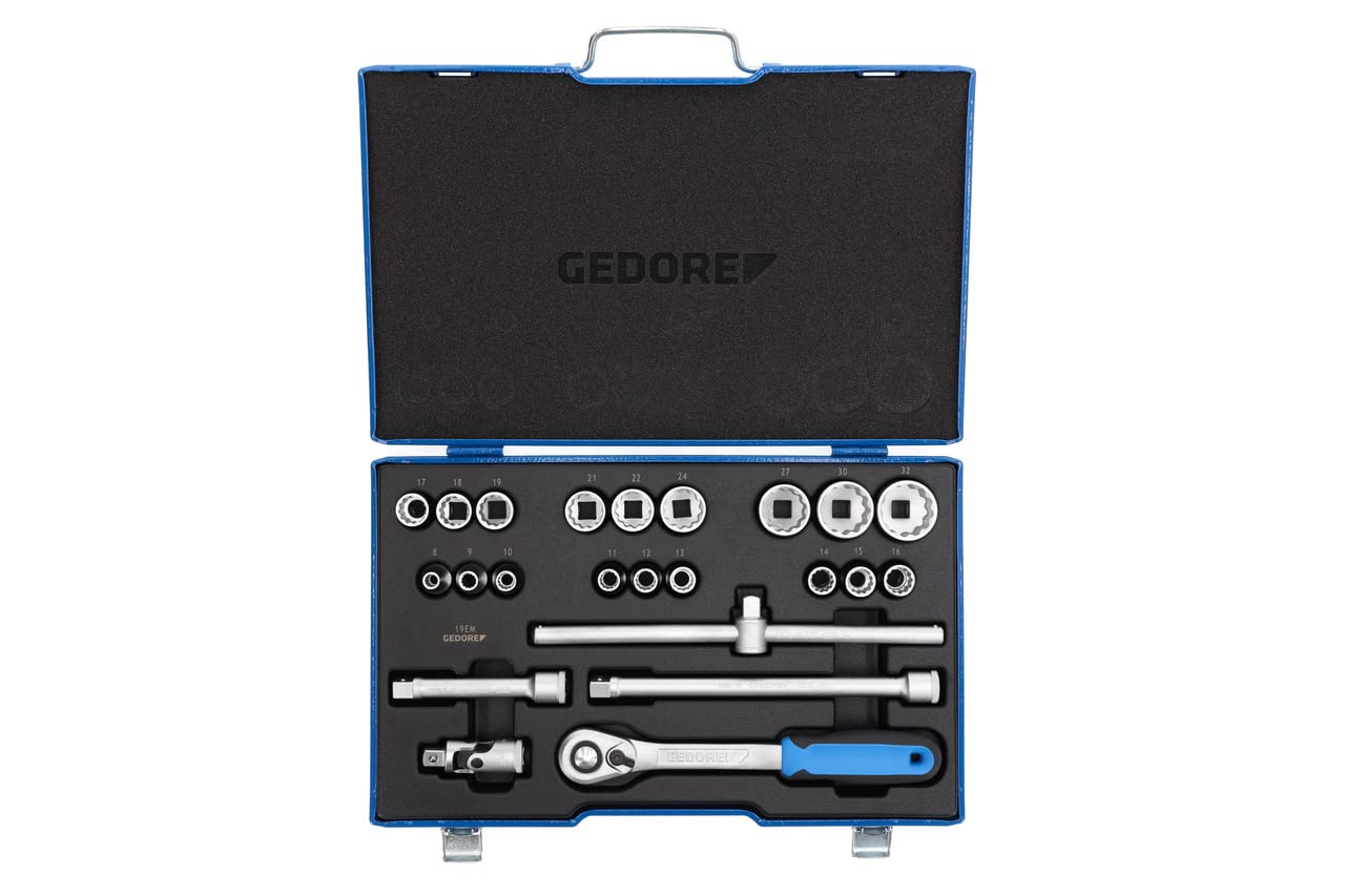 GEDORE 23-piece Socket spanner set, Bi-hex, 1/2", 8-24 mm, Tool, Ratchet with lever reverse, for Automotive, D19 EMU 20