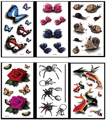 VanTattoo (6Sheets) Fashion Body Art Stickers Removable Waterproof Temporary Tattoo –3D color tattoos?Butterfly, lace bow, spider, flower and butterfly, snail, fish