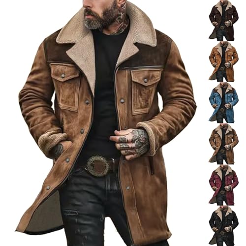 Winter Jackets for Men Suede Fleece Full Zip Coats Long Lapel Panel Trench Coat Regular Fit Warm Overcoat with Pockets
