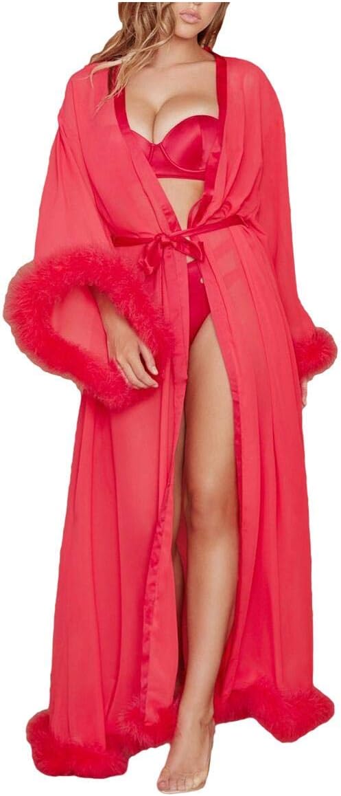 Women Sexy Feather Long Wedding Scarf Illusion Nightgown Robe Perspective Sheer Bathrobe Sleepwear