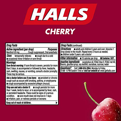 Halls Cherry Cough Drops with Menthol 180 Drops (20 sticks of 9