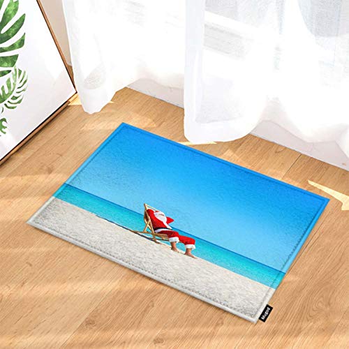 Mugod Santa Claus Indoor/Outdoor Doormat Christmas Santa Claus Relaxing on Sunlounger at Ocean Sandy Beach Funny Doormats Bathroom Kitchen Decor Area Rug Non Slip Entrance Door Floor Mats, 18" X 30"