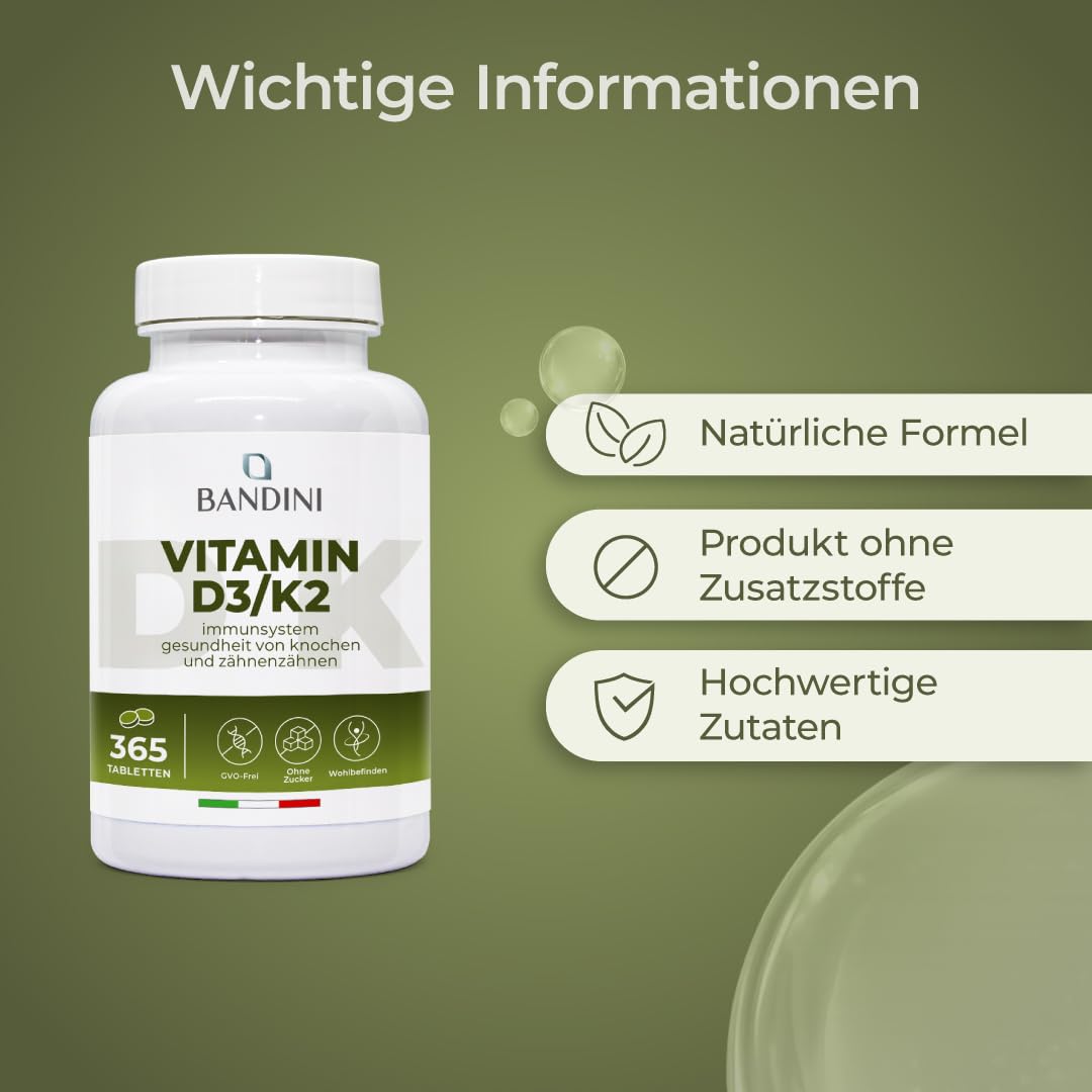 Bandini® Vitamin D3 K2 | 365 TABLETTEN | Vitamin D 2000 IE + 200 mcg Vit K 6