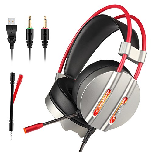 Gaming Headset, TecTri Stereo Gaming Headphones for PS4, Xbox One, PC, Nintendo Switch (Audio), Laptop with Mic, LED lights, Noise Canceling, Bass Surround, Volume Control, Over-Ear Headphone – Silver