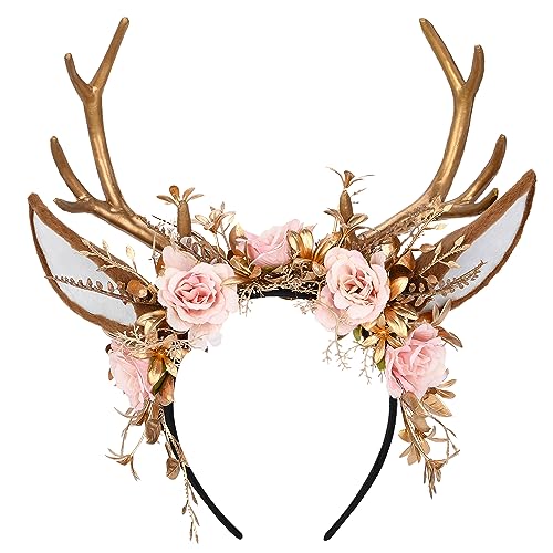 MOSTORY Gold Waldland-Geweih Stirnband mit Hirschohren für Renaissance Halloween Damen Cosplay