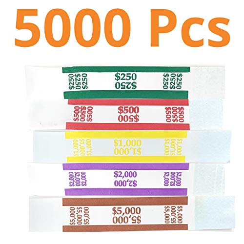 Money Bands Currency Sleeves Straps - Made in USA (Pack of 5000) Self-Adhesive Assorted Money Wrappers for Bills Color Coded Wraps Meets ABA Standards, 7.5 x 1.25 inches - Counter Recyclable Kraft Pap