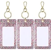 Weewooday 3 Pcs Glitter Pink ID Badge Holder with Clear Window Sparkling Badge Holder Key Chain Work Badges Reel Clip PU Leather Keychain Accessory for Nurse, Teacher, Student, Doctor, Women