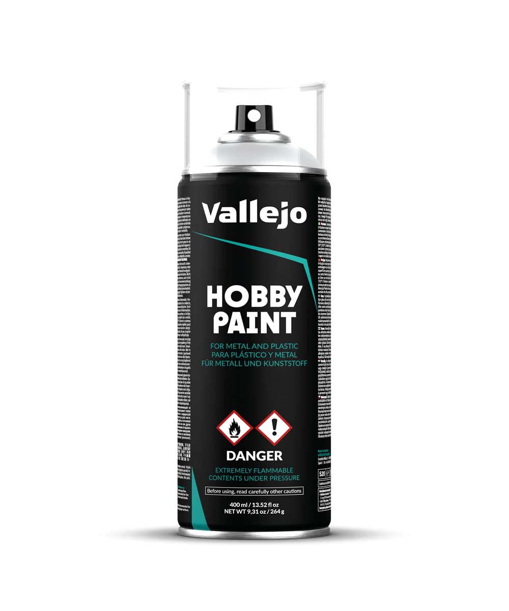 Vallejo Hobby Paint Spray, 400 ml Matte Primer for Modeling and Miniatures, Self-Leveling Base Coat with 2 Nozzles, Ideal for Smooth Finishes