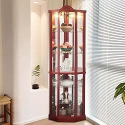 Firscook Curio Cabinet,Lighted Wooden Corner Curio