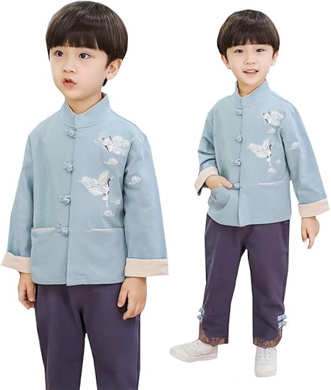 Amazon 小丸子の花轮クン 子供用チャイナ服上下セット 绵麻 刺繍 クレーン 長袖 中式 子供用 カンフー着 児童中華風 民族衣装 1cm グリーン キッズコスチューム おもちゃ