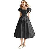 BIRENEROBE Satin Tea Length Prom Dresses 2026 with Pockets Short Sleeves Formal Dresses with Bow LZY615