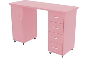 Cimcame Manicure Table for Nail Tech 47 inch Nail Desk with Drawers/Wrist Pad/Lockable Wheels Acetone Resistant Nail Art Station for Salon Spa Beauty Bar Technician,Pink