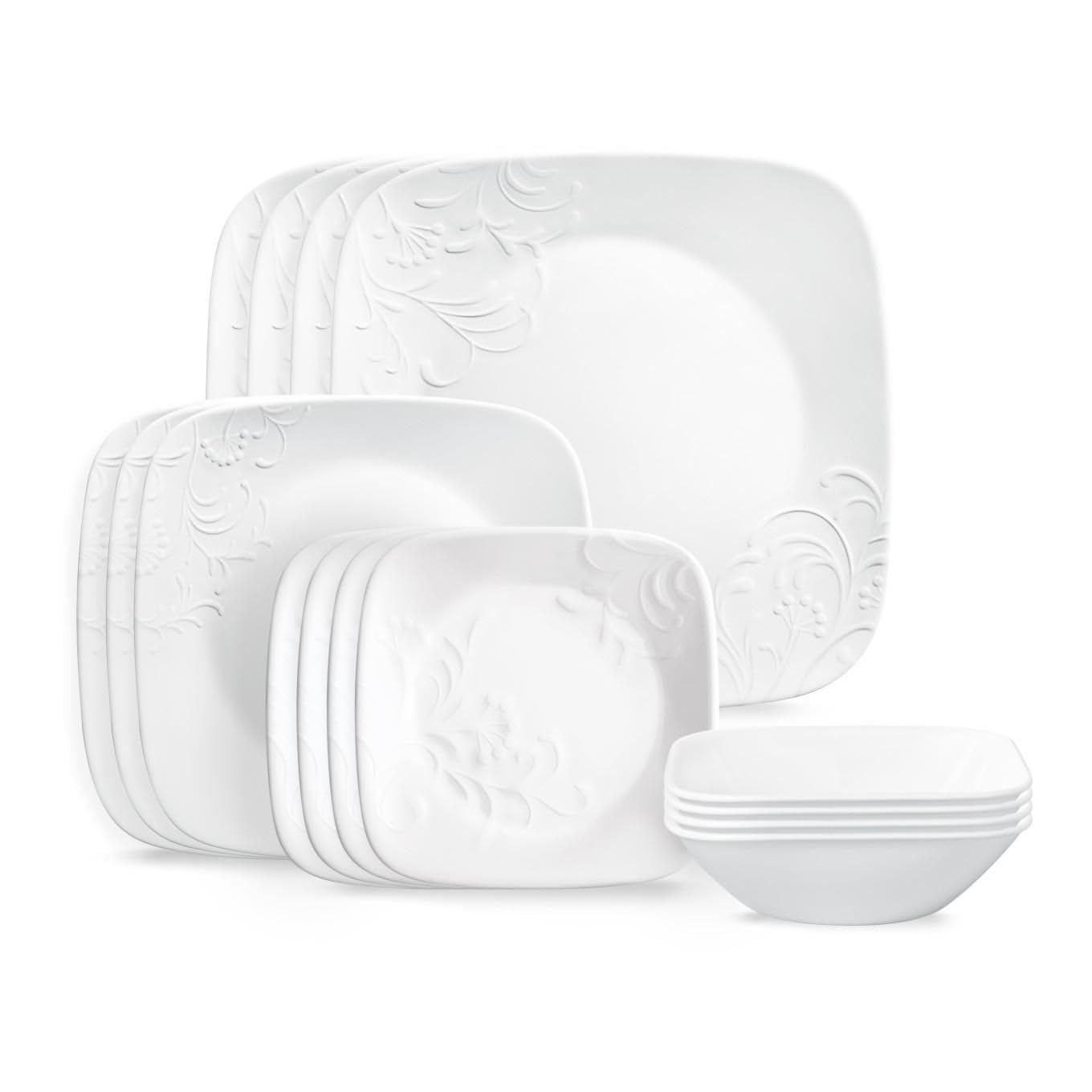 Photo 1 of Corelle Cherish 16pc, Service for 4, Dinnerware Set, 8 Plates 8 Bowls, Chip & Break Resistant, Dinner Plates and Dinner Bowls, Corelleware Plates, White