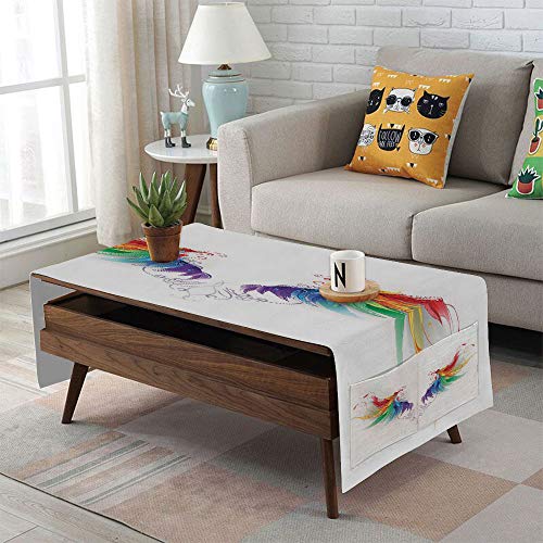 Linen Blend Tablecloth,Side Pocket Design,Rectangular Coffee Table Pad,Rainbow,Reaistic Looking Feathers in Raimbow Colors Forming Wings Flight Angels Symmetrical Decorative,Multicolor,for Home Decor