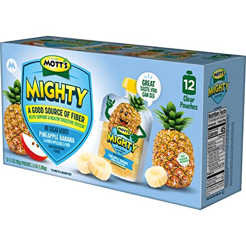 MOTT’S MIGHTY PINEAPPLE BANANA APPLESAUCE, 3.2 OZ CLEAR POUCHES, 48 COUNT (4 PACKS OF 12), NO SUGAR ADDED, GOOD SOURCE OF FIBER, SUPPORTS A HEALTHY DIGESTIVE SYSTEM, GLUTEN-FREE, KOSHER