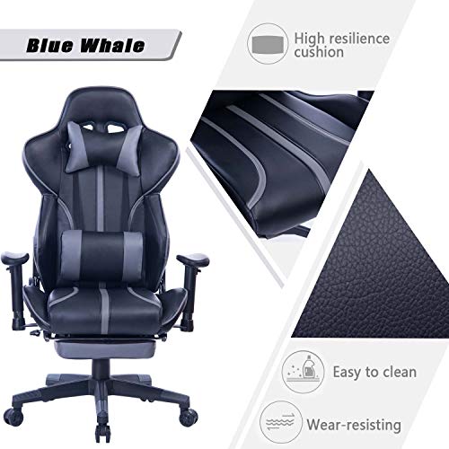 Blue Whale Gaming Chair with Adjustable Massage Lumbar Pillow,Retractable Footrest and Headrest -Racing Ergonomic High-Back PU Leather Office Computer Executive Desk Chair 8239Grey