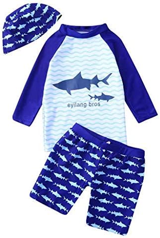 Zerototens Swimwear for Boys Tankini Sets Kids Long Sleeve Cartoon Shark Top+Wave Shorts+Hat 3Pcs Swimsuit Sets Summer Swimming Costumes 1-10 Years Old