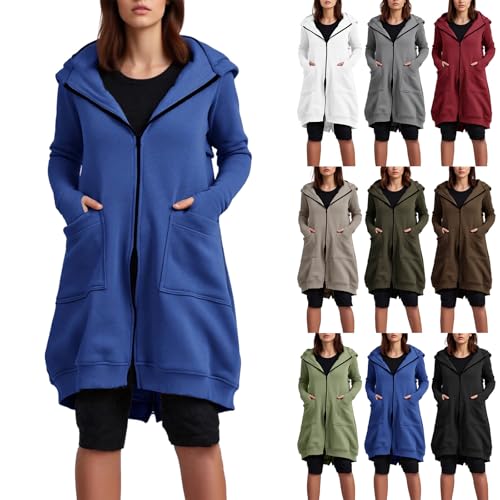 Womens Coats Zip Up Hoodie Oversized Hooded Jacket with Back Zip Slit Overcoat Thickened Winter Warm Longline Hooded Sweatshirts Fleece Jackets Tops Casual Loose Fit Long Coats with Pockets