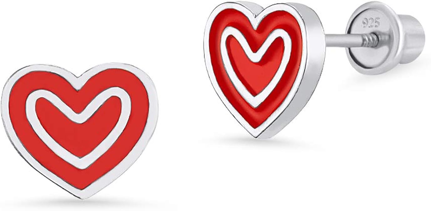 925 Sterling Silver Rhodium Plated Enamel Red Heart Screwback Baby Girls Earrings
