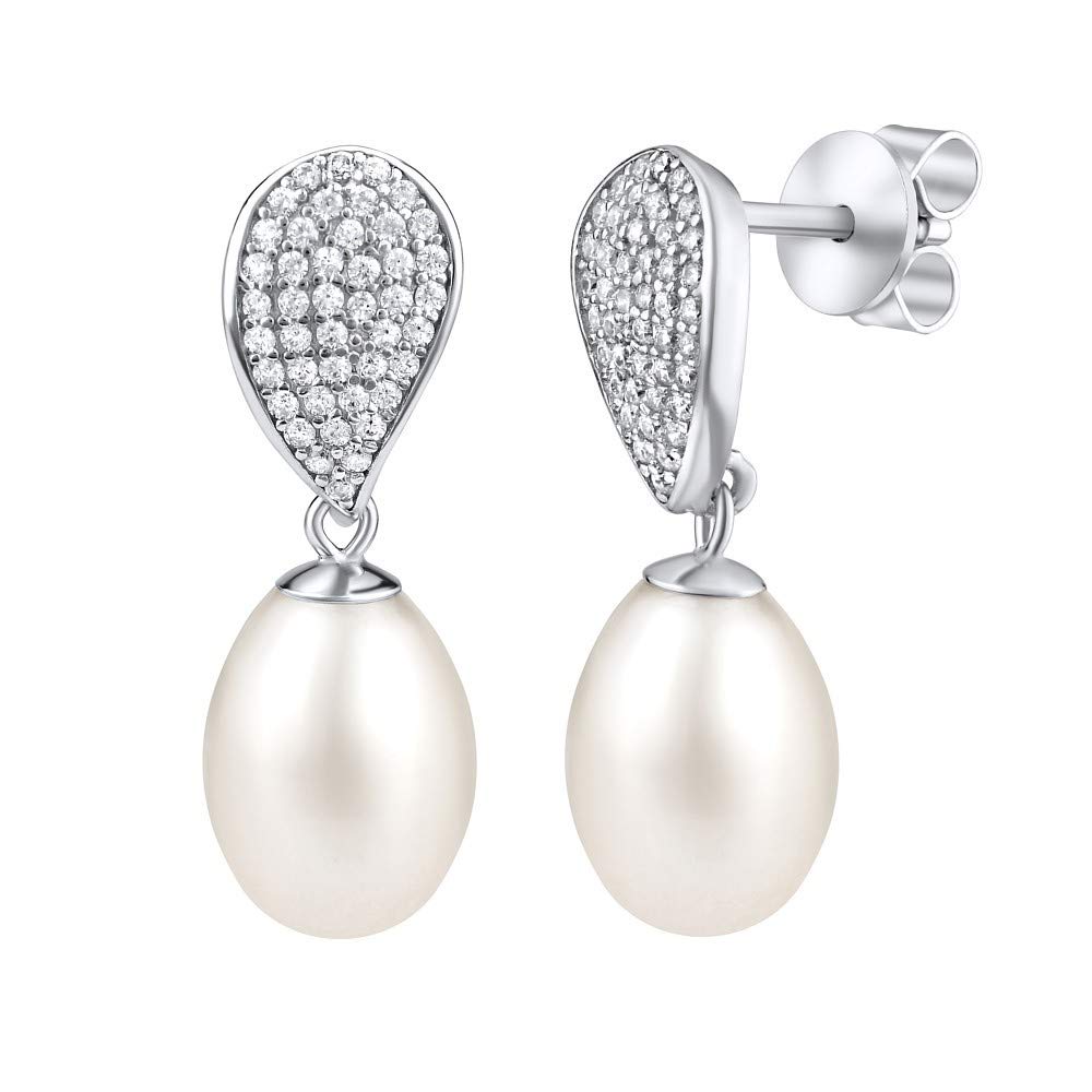 SILVEGO - GRP18309W - Women 925 Sterling Silver Drop Earrings with Real White Pearl