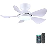 Kviflon 32 Inch Modern Ceiling Fans with Lights, Small Flush Mount Ceiling Fan with Light and Remote/APP Control, 5 Reversible 6 Speeds Curved Blades, 3 CCT Dimmable Lights for Kids Room, White