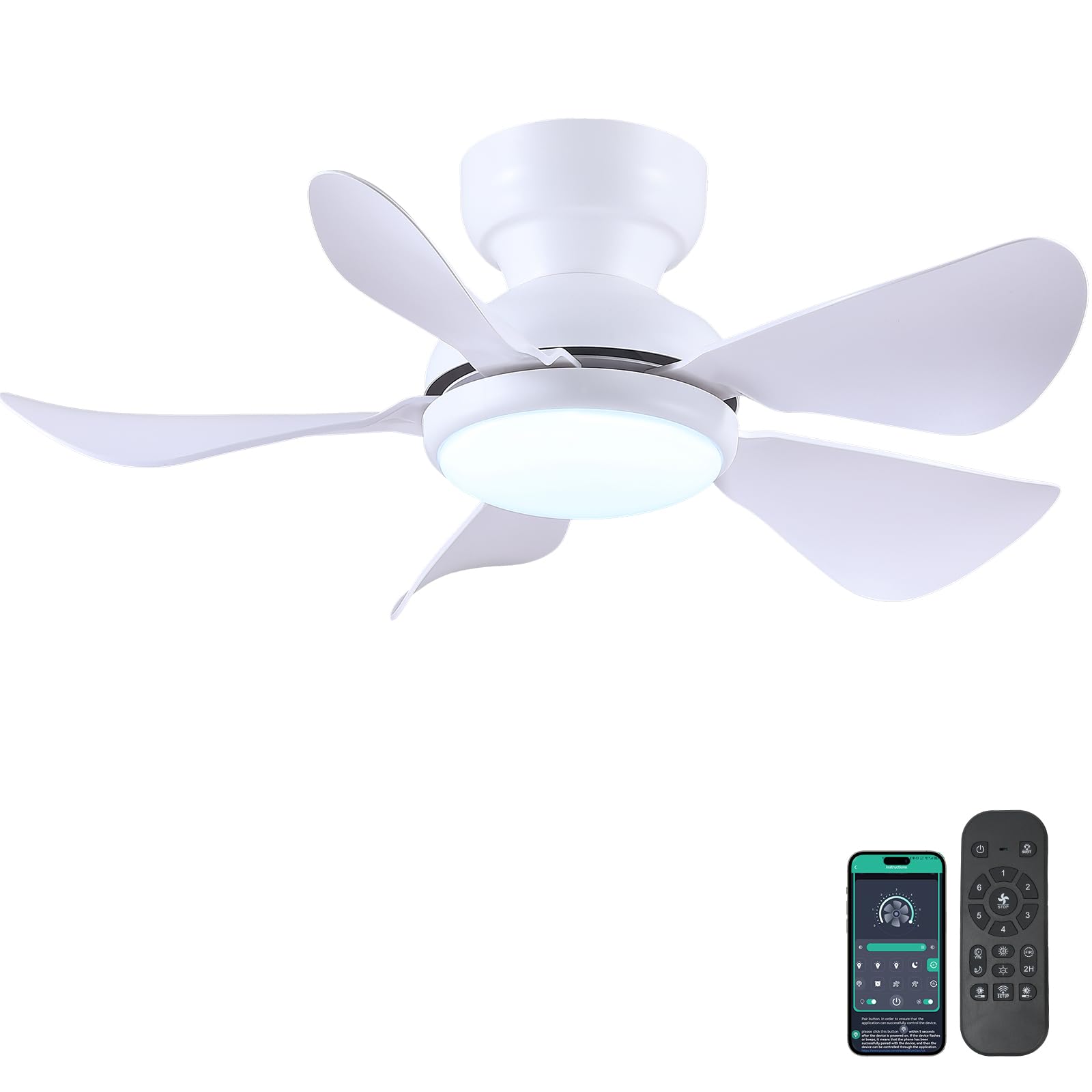 Photo 1 of Kviflon 32 Inch Modern Ceiling Fans with Lights, Small Flush Mount Ceiling Fan with Light and Remote/APP Control, 5 Reversible 6 Speeds Curved Blades, 3 CCT Dimmable Lights for Kids Room, White