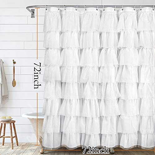 White Ruffle Shower Curtain Farmhouse Fabric Cloth Shower Curtains with