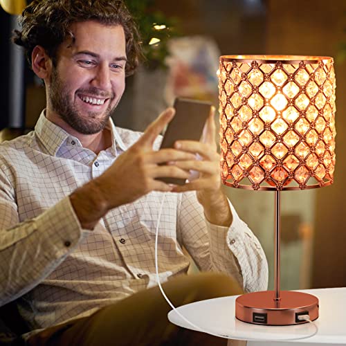 Hongin Touch Crystal Table Lamp Rose Gold Crystal Lamp with Dual USB