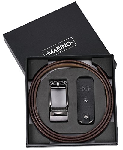 Marino Men's Genuine Leather Ratchet Dress Belt with Open Linxx Buckle, Enclosed in an Elegant Gift Box - Gunblack Silver Open Buckle W/Brown Design Leather - Custom: Up to 44" Waist