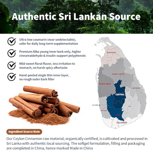 2-in-1 Organic Ceylon Cinnamon with MCT Oil Supplements Softgels, 120 Day Supply, Authentic Sri Lankan Source, Liposome Highly Bioavailable Extract, Energy & Metabolism Support, Large Granule Softgels