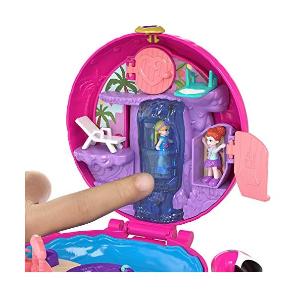 Polly-Pocket-Big-Pocket-World-Flamingo-Floatie-Compact-Amazon-Exclusive Polly Pocket Pocket World Flamingo Floatie Compact with Water Area, Hot Tub, Waterfall, Micro Polly and Shani Dolls…