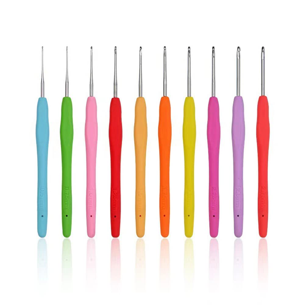 10PCS Small Size Crochet Hook Set Ergonomic Soft Grip Rubber Handles Full Size Crochet Kits DIY Tools Knitting and Crochet Projects for Beginners Adults