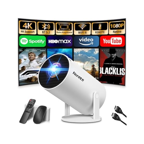 Mini Projector 4K 1080P Full HD Video Portable Projector Support with WiFi 6 & Bluetooth 5.2, Auto Keystone Adjustment Built-in Apps Smart with 270° Rotation for USB/TV Stick/HDMI-White