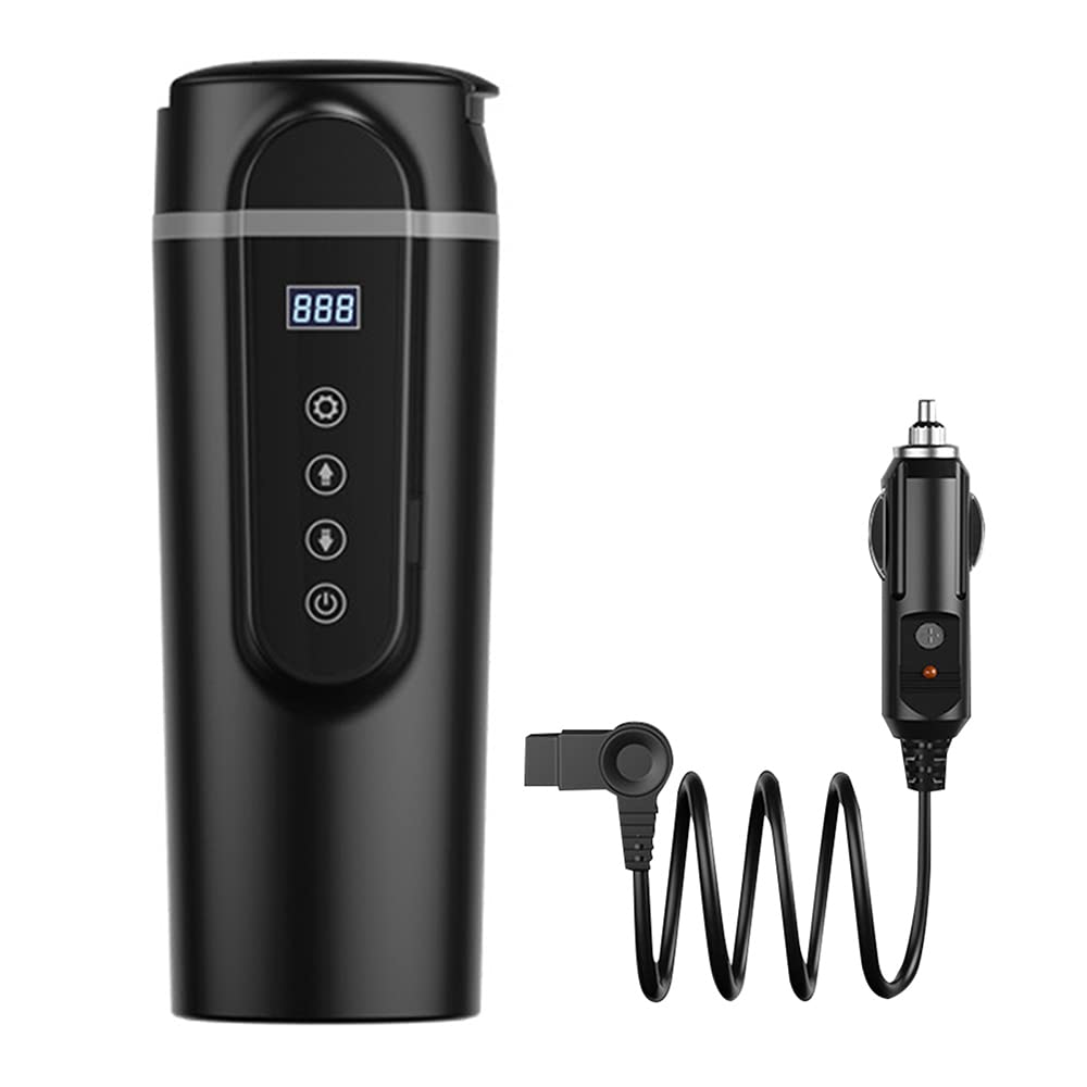 Baceyong 12V/24V 420ML Stainless Steel Car Electric Thermal Mug, Portable Travel Cup Heating Cup, Cooking for Coffee Milk Tea Water Drink, White/Black