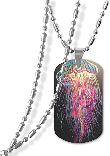 Women's Military Spec Dog Tags Pendant Necklace Colourful Jellyfish Undersea Print Necklace 23" Ball Chain Army Name Style