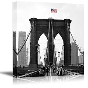 Black and White Photograph with Pop of Color on The USA Flag Above The Brooklyn Bridge - Canvas Art Home Art - 12x12 inches