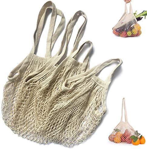Long and Short Handle Portable Net String Shopping Bag Cotton Reusable Shopping Tote Net String Organizer for Grocery Shopping, Beach, Toys, Storage, Fruit, Vegetable and Market - Sturdy & Wear