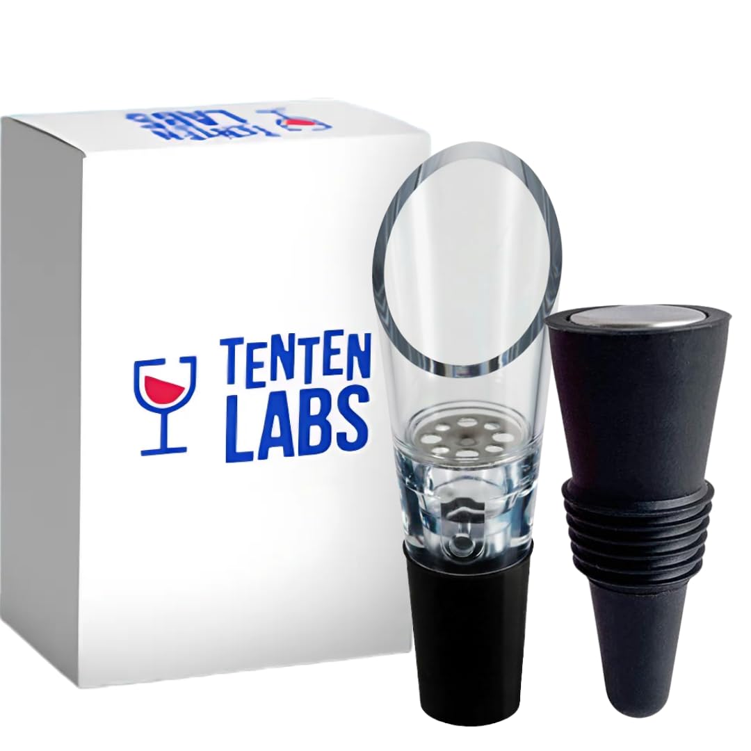 Red Wine Aerator Pourer and Wine Stopper (2-Pack) by TenTen Labs - Premium Wine Decanter Set with Bottle Stopper and Re-Corker - Gift Box Included (Black)