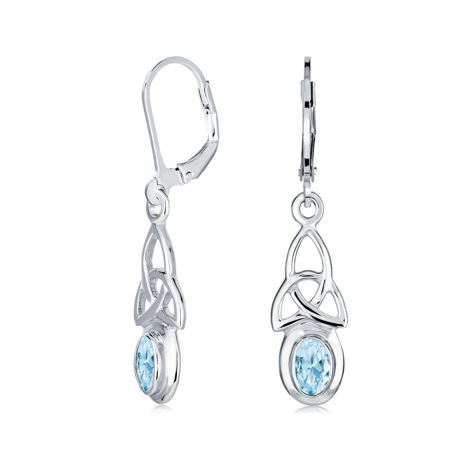 Irish Love Knot Oval Bezel Set Semi Precious Gemstone Blue Topaz Dangle Celtic Knot Earrings For Women Teens .925 Sterling Silver Lever Back