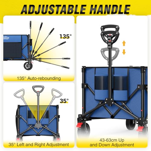 Elegear Folding Beach Cart with Wheels 150L, Folding Garden Cart with Adjustable Handle and Cup Holder, Foldable Transport Cart for Camping Shopping Sports, Blue