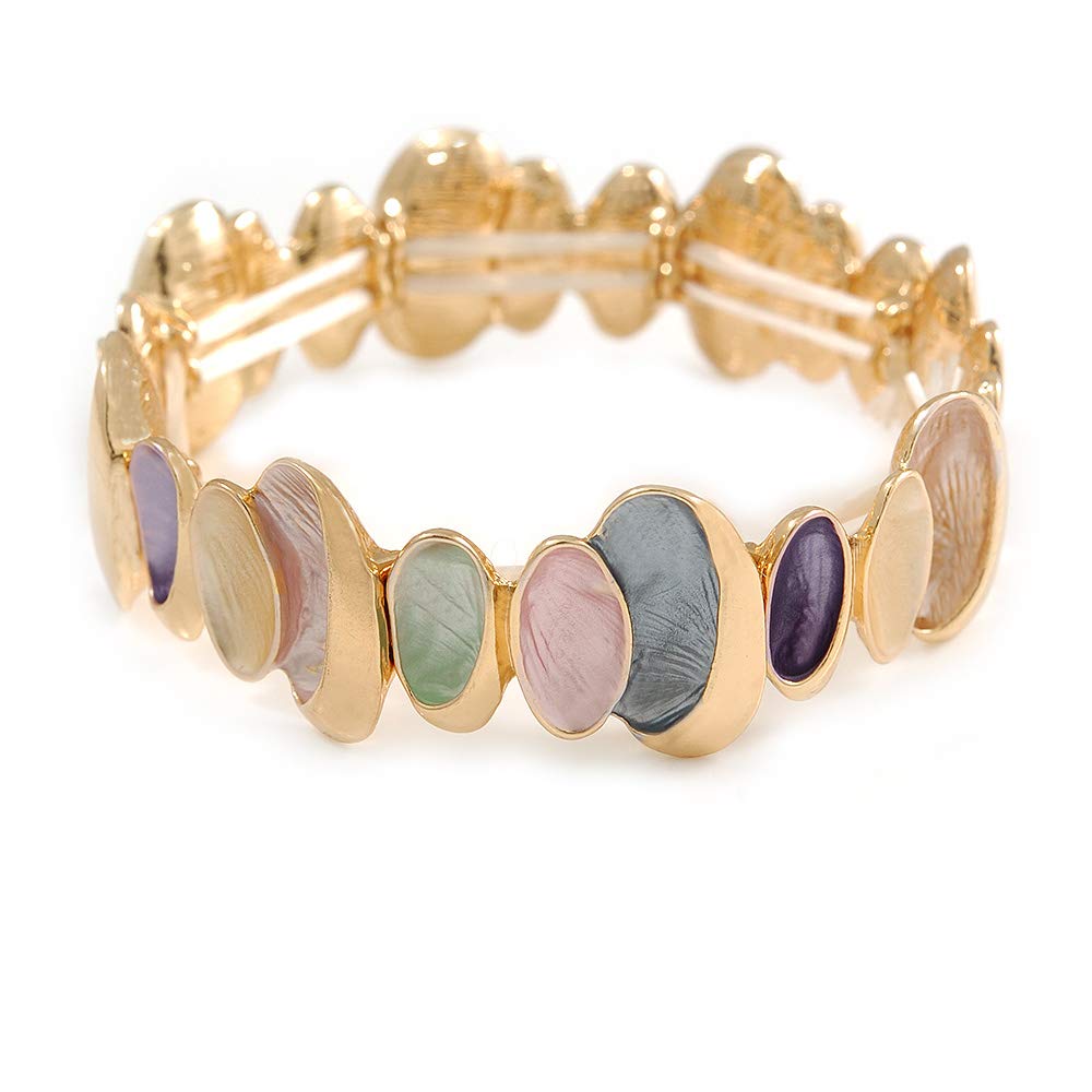 Avalaya Pastel Multi Enamel Oval Cluster Textured Flex Bracelet In Gold Tone - 18cm Long