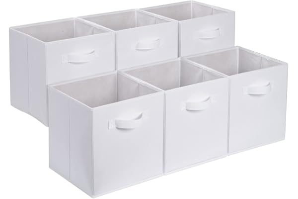 Amazon Basics Collapsible Fabric Storage Cubes Organizer with Handles, 10.5"x10.5"x11", White - Pack of 6