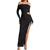 EYNMIN Off Shoulder Long Sleeve Maxi Dress Ruched Bodycon Slit Elegant Formal Fall Wedding Guest Dresses for Women