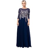 Betsy & Adam Womens Long 3/4 Sleeve Embroidered Chiffon Gown
