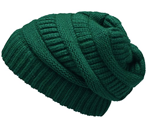 Womens Men Knit Winter Stretch Thick Slouch Beanie Hats Chunky Skull Caps Solid Dark Green