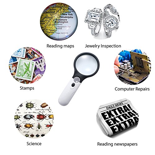 Magnifying Glass with 3 LED Lights, Diagtree 3X Handheld Magnifier Set with Lights and 45X Jewellery Jewelry Loupe for Science, Reading Books, Inspection, Maps, Best Gifts For Kids (Handheld 2 Pack)