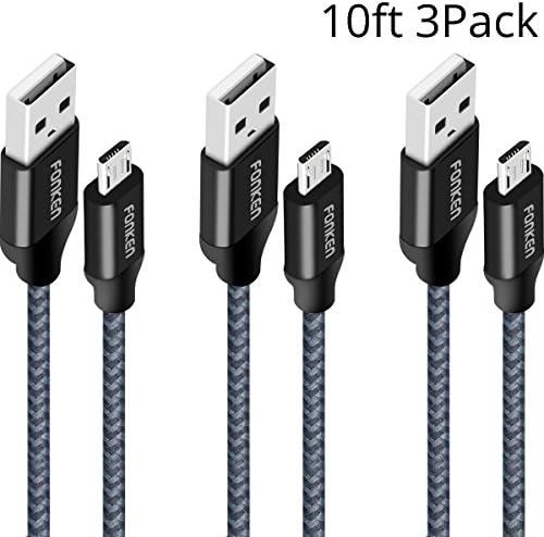 Micro USB Cable, FONKEN USB to Micro USB Cable [3-Pack, 10ft] Nylon braided USB 2.0 Cable Fast Charging & Data Sync Cord Android Charger Cable for Compatible Samsung, Nexus, LG, Motorola, Sony (Black)