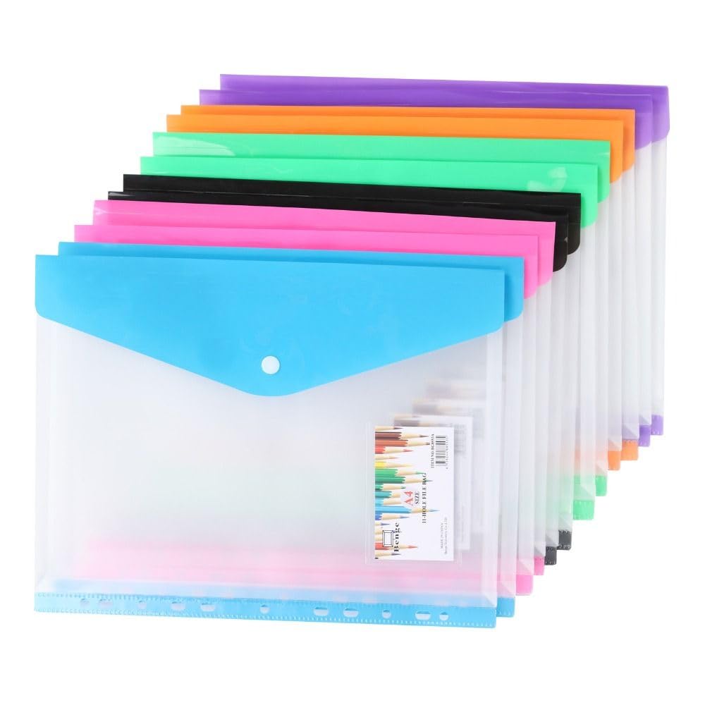 Risedot A4 Snap Buckle File Bag Binder Envelope 11 Hole Transparent Card Storage Business Document Hole Document Storage 12PCS