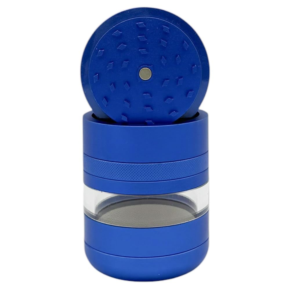 Chongz 7 Part Grinder, 55mm Pod, Premium Grade Quality Aluminium, Screen Chamber, Stainless Mesh, Glass Jar Body for Tobacco Spice Herbs (Blue)